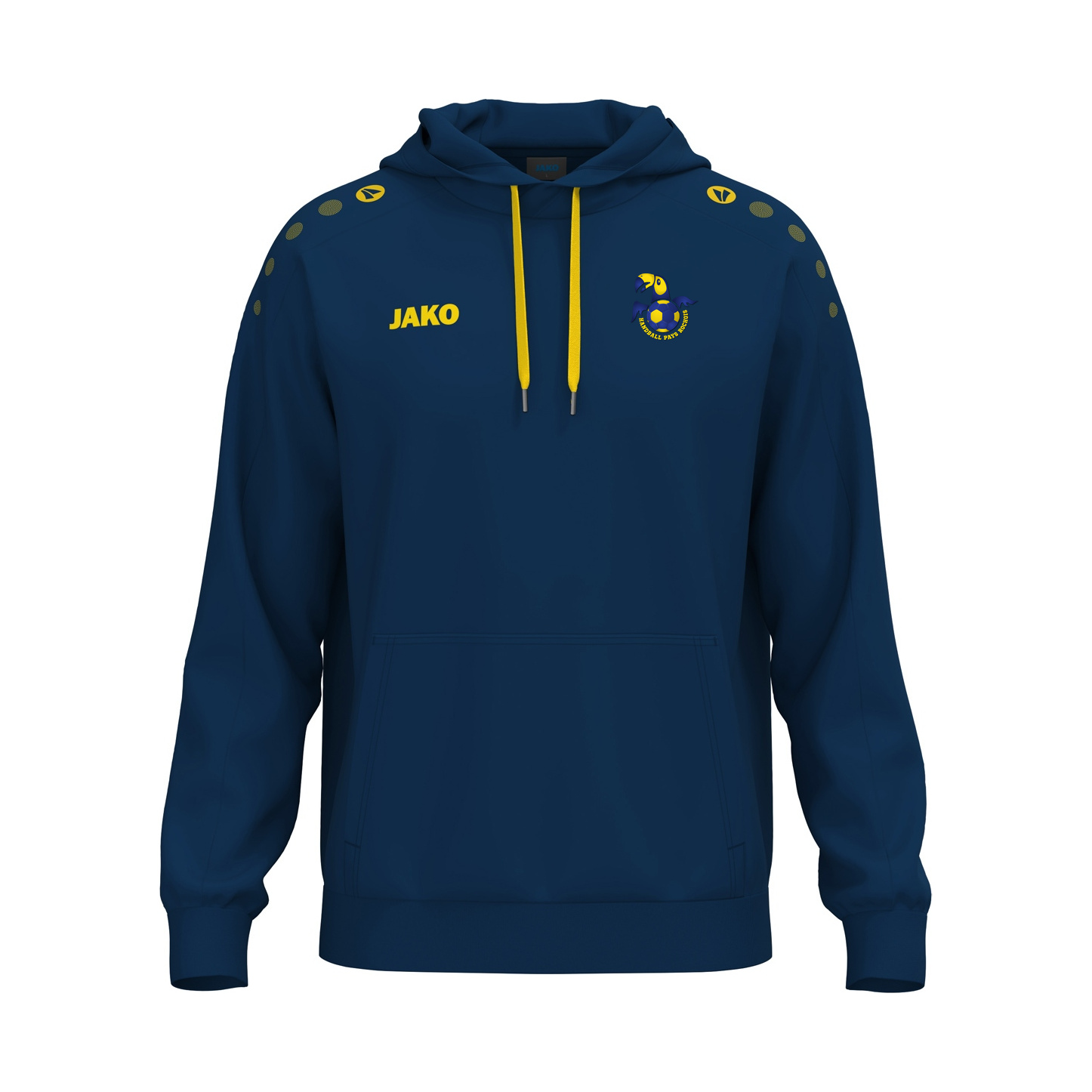 Sweat à capuche JAKO One marine et citron avec logo du club Handball Pays Rochois