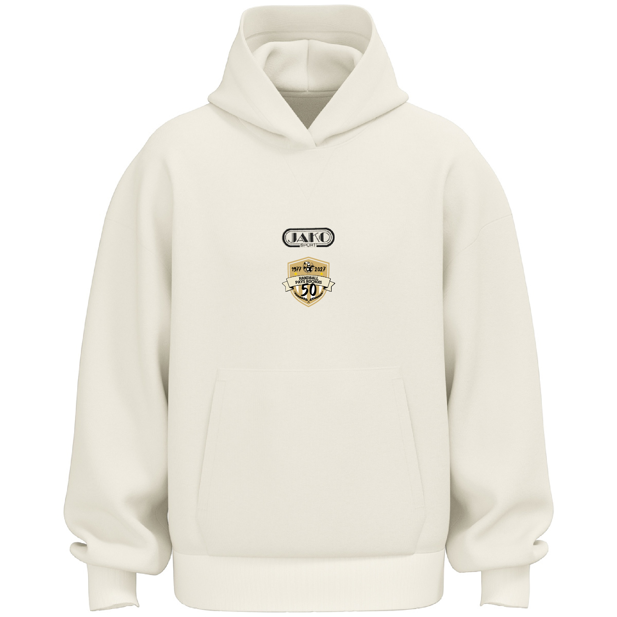 Sweat à capuche JAKO Wardrobe écru avec logo du cinquantenaire Handball Pays Rochois 1977-2027