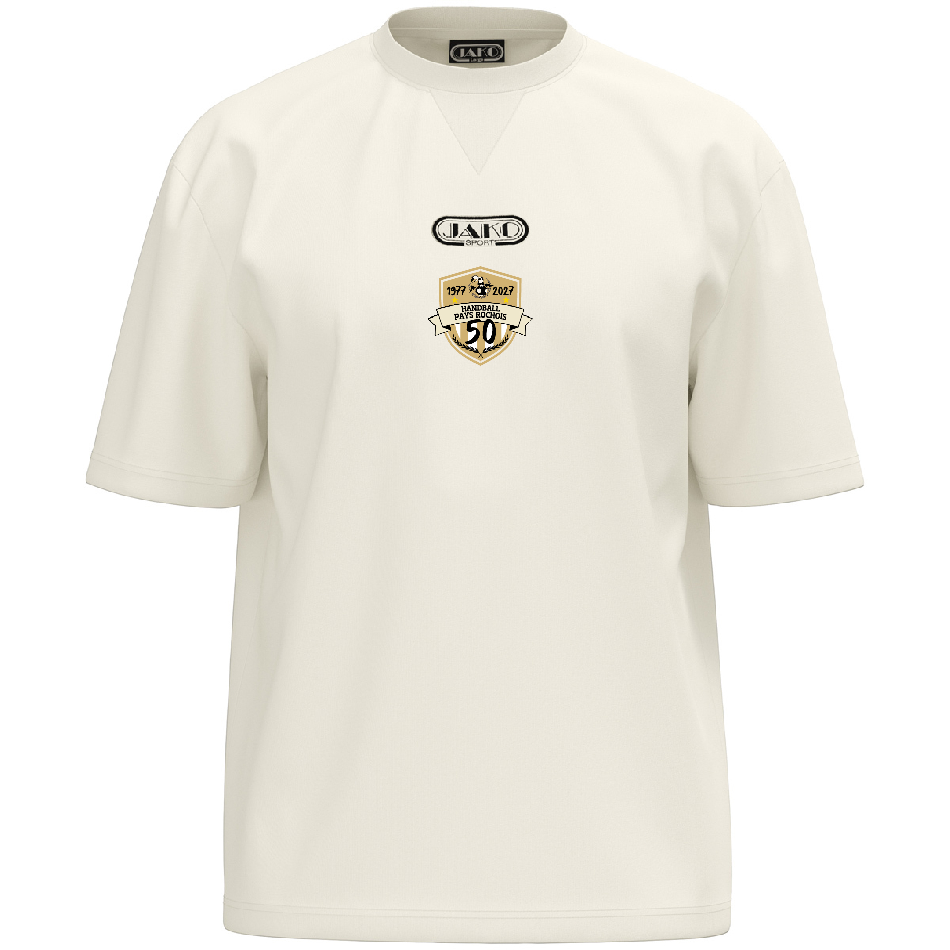 Tee-shirt JAKO Wardrobe écru oversize avec logo du cinquantenaire Handball Pays Rochois 1977-2027
